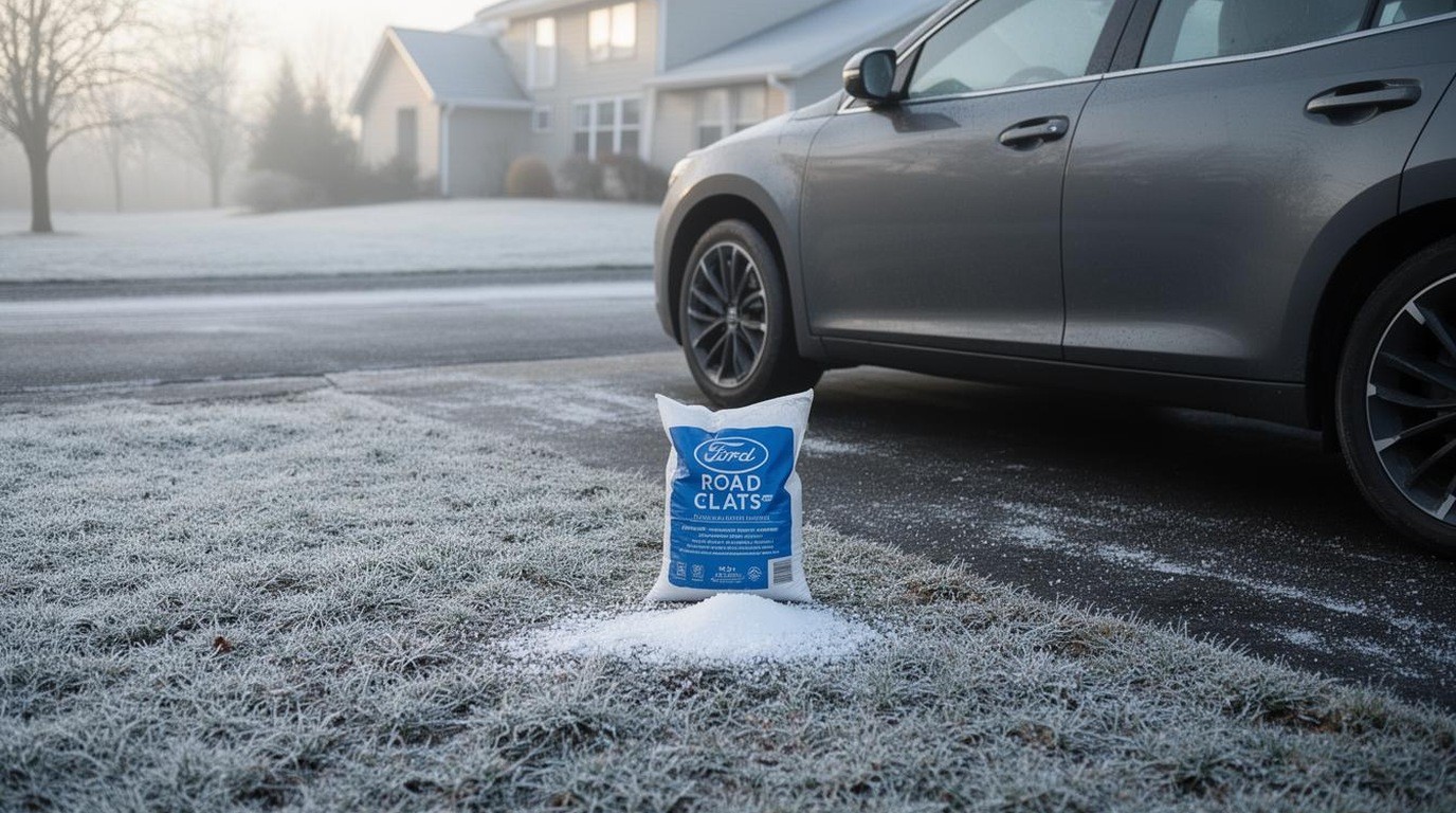 A car parked in a driveway beside a bag of road salt