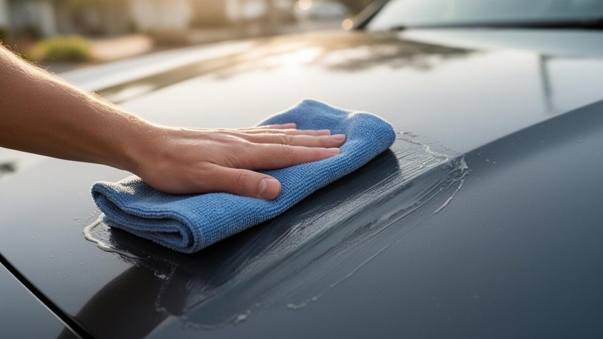 A hand applying wax to a dark car panel with a microfiber cloth
