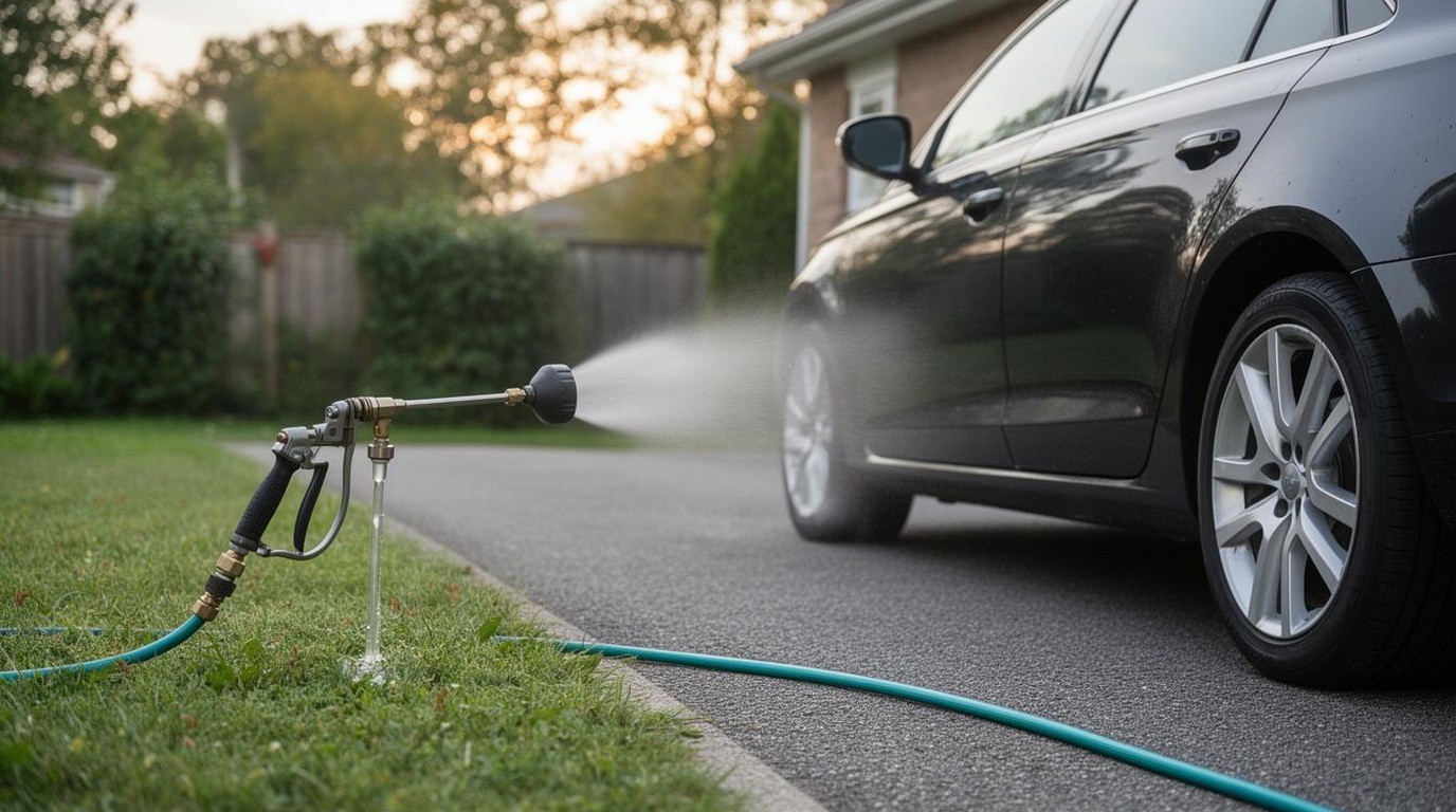 A foam cannon attached to a garden hose beside a clean car